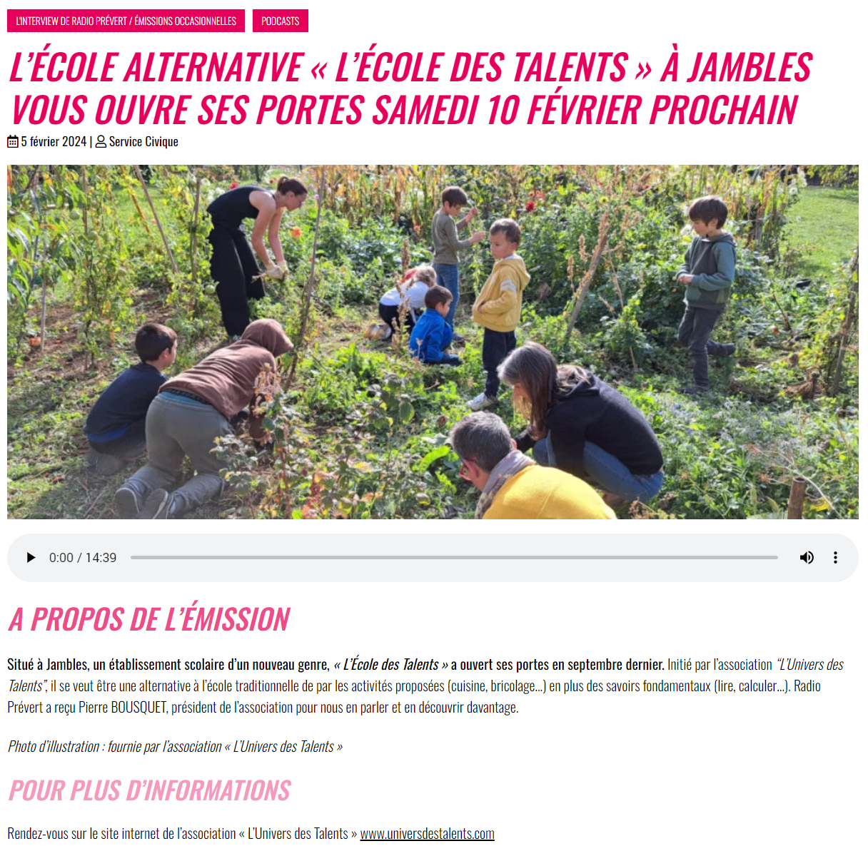 L’école alternative L’école des talents à Jambles vous ouvre ses portes samedi 10 février prochain