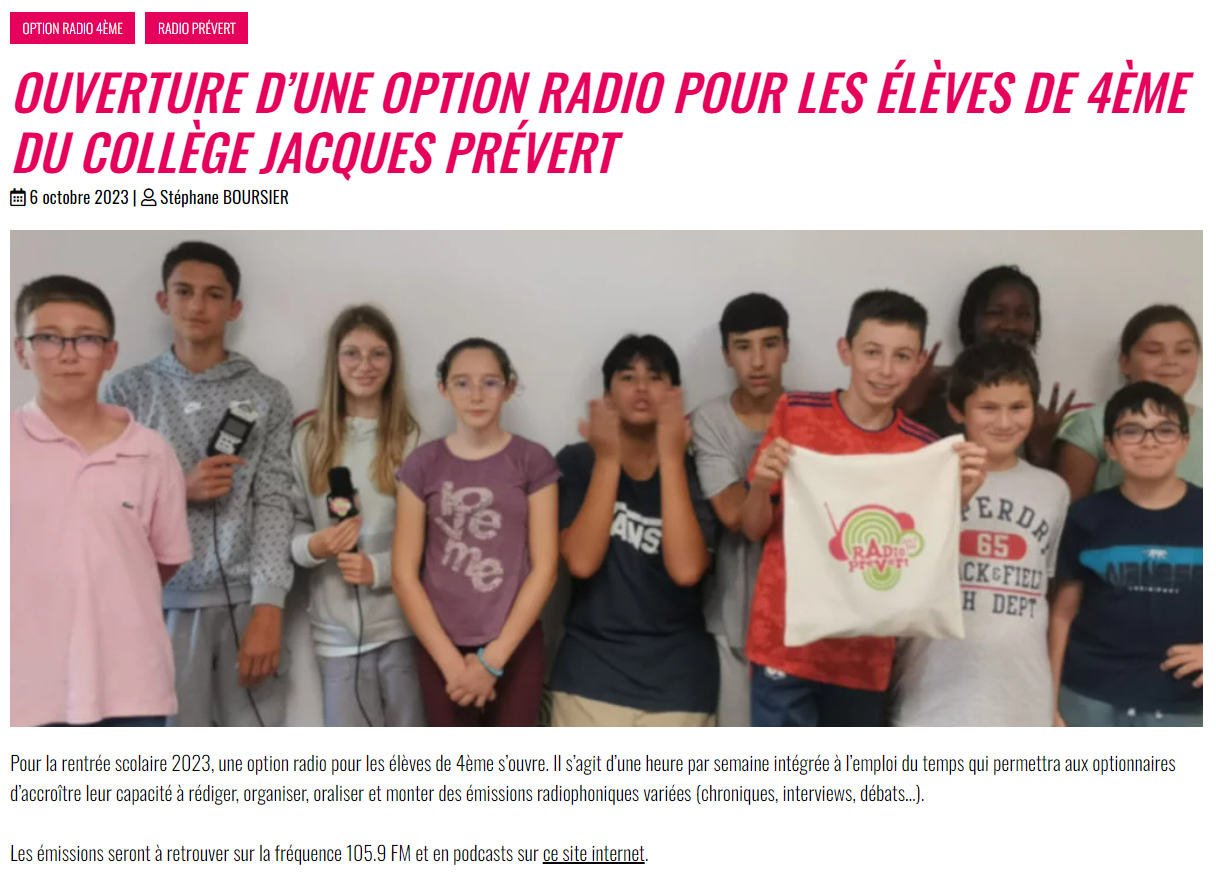 Ouverture d’une option radio pour les élèves de 4ème du Collège Jacques Prévert de Chalon-sur-Saône (71)