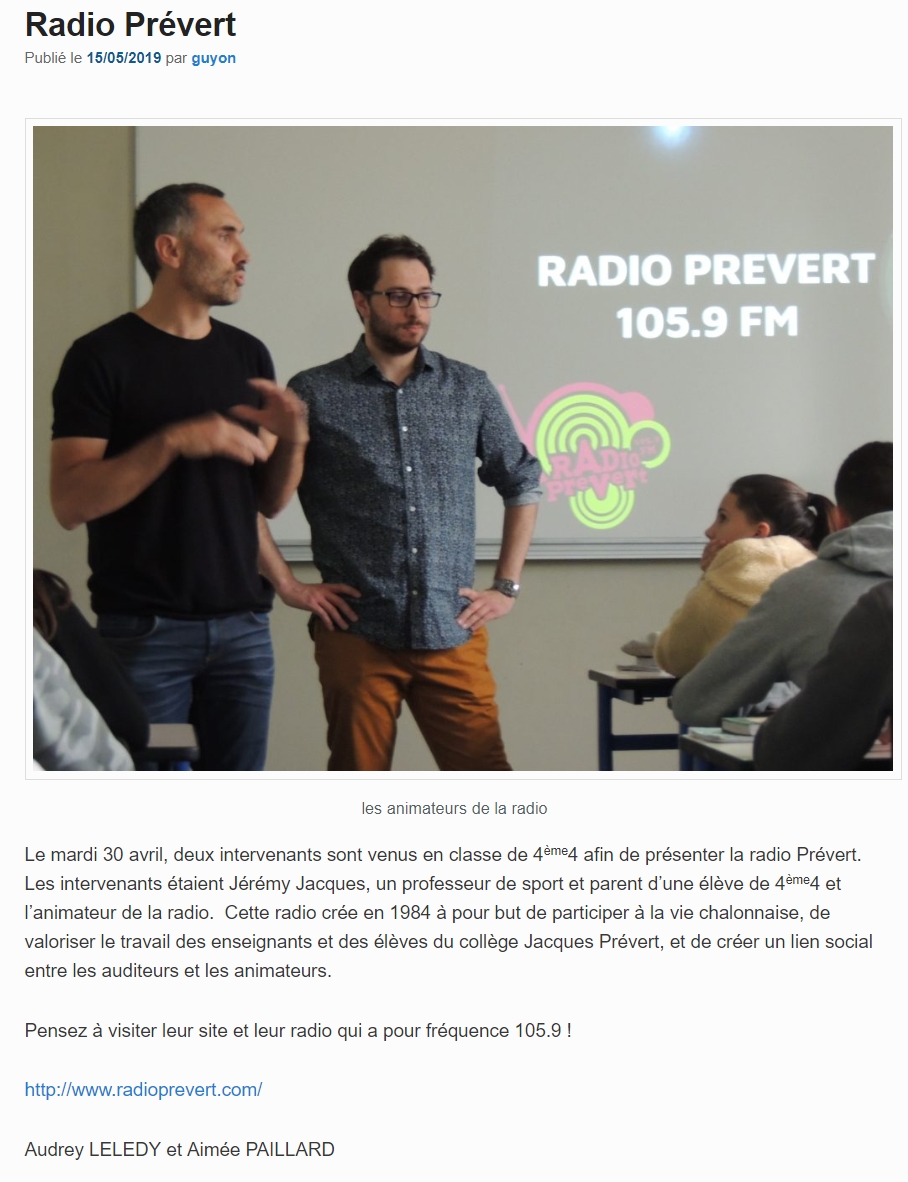 Intervention de Radio Prévert au collège Saint-Dominique