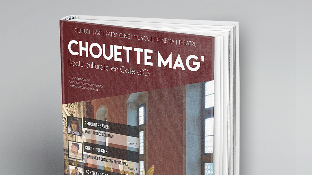 Maquette d'un magazine culturel fictif Chouette Mag, l'actu culturelle en Côte d'Or